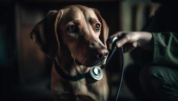 mignonne chiot séance, à la recherche à caméra en plein air généré par ai photo