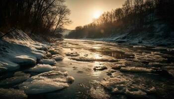 tranquille scène de hiver beauté à crépuscule généré par ai photo