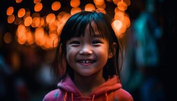 mignonne les filles prendre plaisir hiver nuit avec Noël lumières généré par ai photo