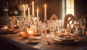 fleuri aux chandelles illumine élégant intérieur à manger scène généré par ai photo