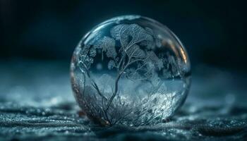 transparent verre sphère reflète embrasé bleu monde carte généré par ai photo