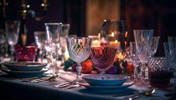 élégant table réglage avec cristal et Champagne généré par ai photo