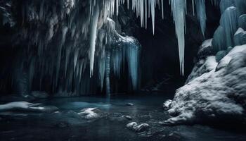 congelé cascade écoulement vers le bas majestueux hiver Montagne généré par ai photo