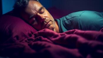 un fatigué homme repos pacifiquement dans lit généré par ai photo