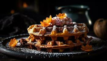 Frais gaufre empiler surmonté avec sucré baies généré par ai photo