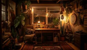 confortable moderne vivant pièce avec élégant en bois décor généré par ai photo