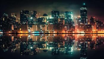 une embrasé moderne ville horizon reflète sur l'eau généré par ai photo