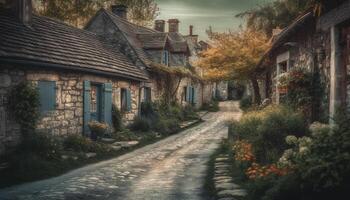 rustique chalet dans ancien rural scène, entouré par la nature généré par ai photo