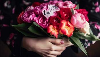 femmes en portant une bouquet de Frais fleurs généré par ai photo