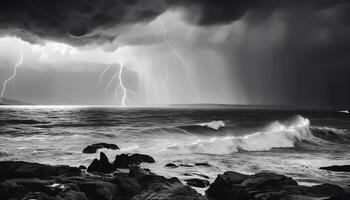 majestueux noir et blanc paysage marin, de mauvais augure temps généré par ai photo