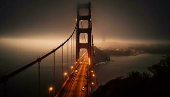 suspension pont illuminé à crépuscule, ville horizon beauté généré par ai photo
