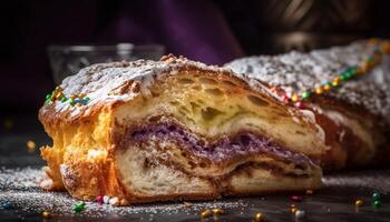 sucré cuit tarte avec Chocolat glaçage décoration généré par ai photo