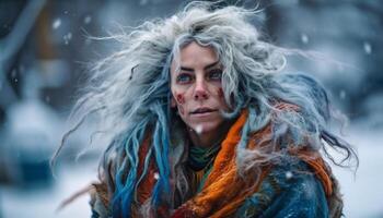 souriant Jeune femme jouit hiver chute de neige en plein air généré par ai photo