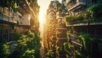 tranquille coucher de soleil, paysage urbain, vieux bâtiment fonctionnalité éclairer généré par ai photo