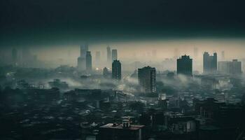 illuminé grattes ciels réfléchir dans le pollué crépuscule brouillard généré par ai photo