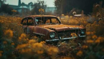 rouillé ancien voiture abandonné dans rural forêt généré par ai photo