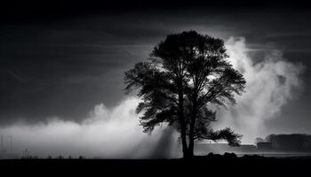 silhouette de arbre dans sinistre, brumeux nuit généré par ai photo