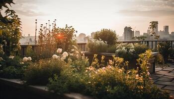 la nature le coucher du soleil horizon illumine moderne ville la vie généré par ai photo