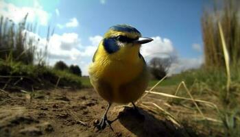 petit oiseau se percher sur bifurquer, Jaune le bec généré par ai photo