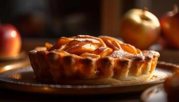 fait maison Pomme tarte cuit sur rustique table généré par ai photo