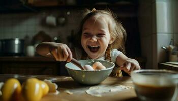 mignonne fille mélange pâte, cuisson fait maison biscuits joyeusement généré par ai photo