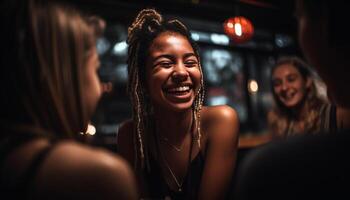 souriant Jeune femmes prendre plaisir vie nocturne, boisson et rire généré par ai photo