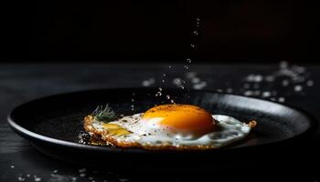 grillé porc avec frit Oeuf sur Haut généré par ai photo