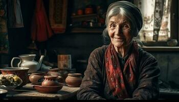 Sénior femme souriant, artisanat magnifique faïence vase généré par ai photo