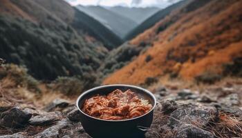 grillé Viande sur Montagne de pointe céleste fraîcheur généré par ai photo