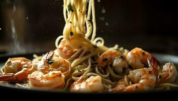 gourmet Fruit de mer linguini avec Frais crevettes et langoustines généré par ai photo