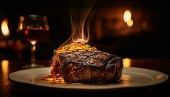 grillé aloyau steak sur rustique vaisselle assiette généré par ai photo