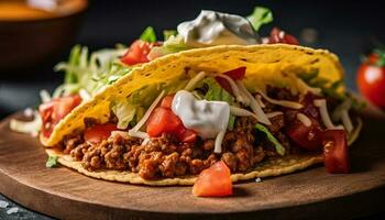 grillé du boeuf taco avec Frais guacamole et salsa généré par ai photo