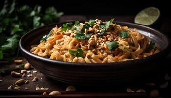 fraîchement cuit végétarien Risotto, surmonté avec Parmesan fromage généré par ai photo