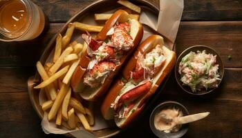 grillé Viande, frites, et chaud chien sandwich généré par ai photo