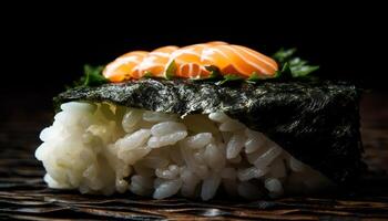 Frais Sushi plaque, en bonne santé repas avec Fruit de mer généré par ai photo