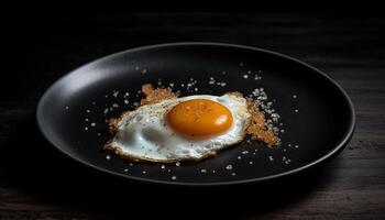 frit Oeuf sur rustique assiette gourmet le déjeuner généré par ai photo