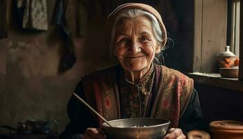 Sénior femme souriant tandis que artisanat poterie à l'intérieur généré par ai photo