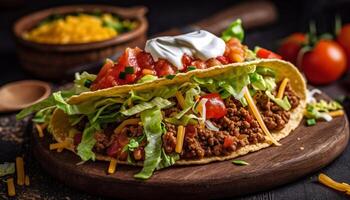 grillé du boeuf tacos, Frais guac, rustique pimenter généré par ai photo