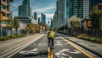 ville cyclistes la vitesse passé grattes ciels, profiter exercice généré par ai photo