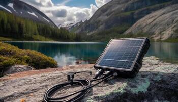 solaire panneau sur Montagne génère nettoyer électricité généré par ai photo