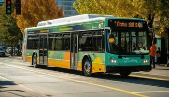 double decker autobus dans ville circulation, flou mouvement généré par ai photo