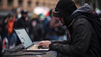 Jeune adulte homme d'affaire dactylographie sur portable en plein air généré par ai photo