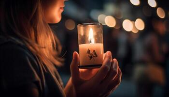 un la personne en portant brûlant bougie éclairage fête généré par ai photo