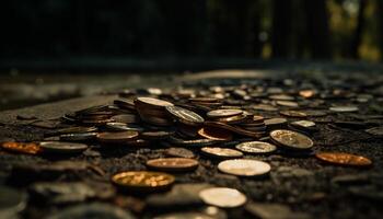 brillant Jaune pièces de monnaie empiler sur vieux en bois table généré par ai photo