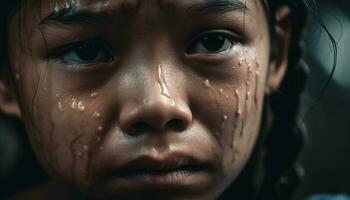 une triste enfant regards à gouttes de pluie en plein air généré par ai photo