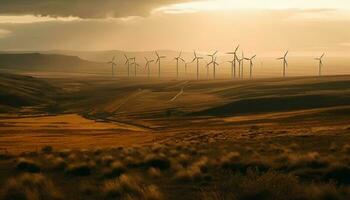 vent turbines tournant lames contre le coucher du soleil ciel généré par ai photo