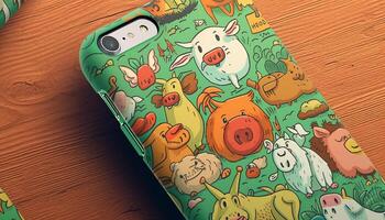 souriant dessin animé porc pièces avec coloré téléphone généré par ai photo