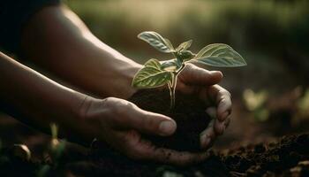 main en portant fragile vert jeune arbre symbolise aimer, croissance généré par ai photo