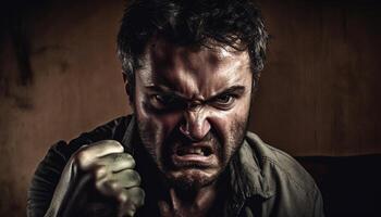 en colère caucasien homme avec foncé barbe en hurlant généré par ai photo