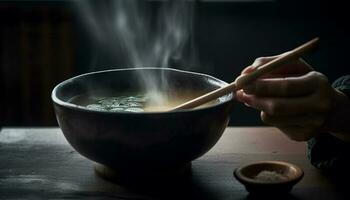 fumant bol de soupe tenue avec baguettes généré par ai photo